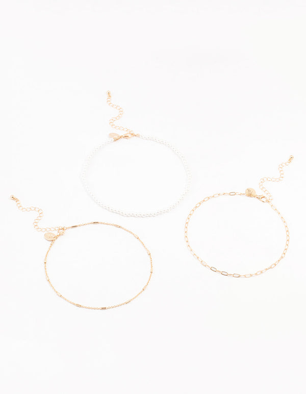 Gold Pearl Tab Chain Chokers 3-Pack