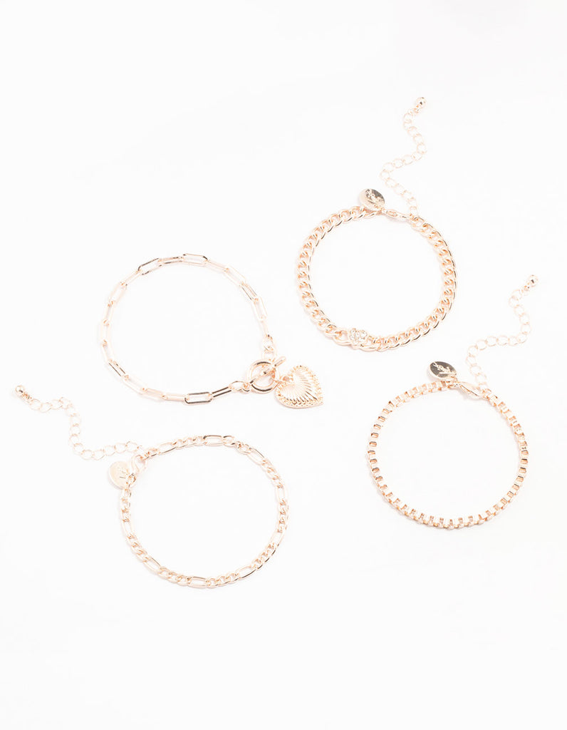 Rose Gold Diamante T & O Heart Bracelets 4-Pack