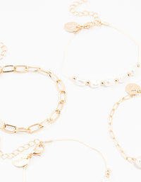 Gold Pearl & Cobblestone Link Bracelets 4-Pack - link has visual effect only