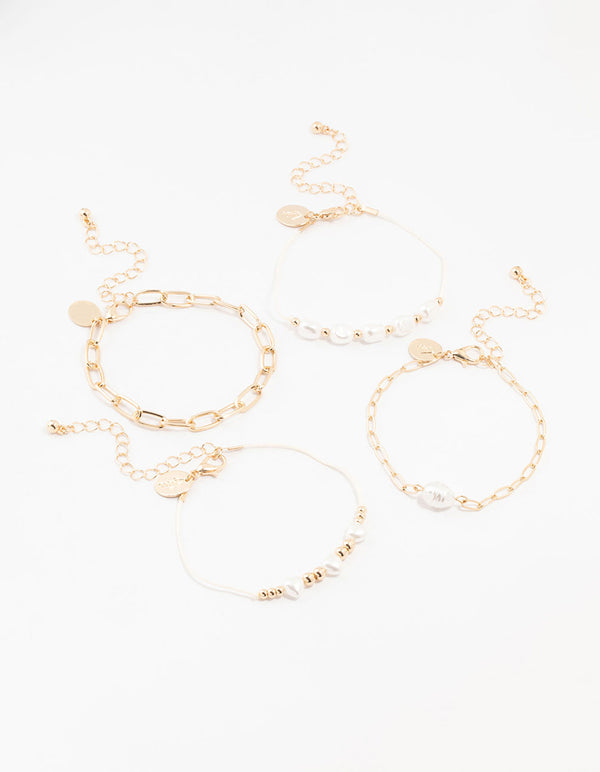 Gold Pearl & Cobblestone Link Bracelets 4-Pack