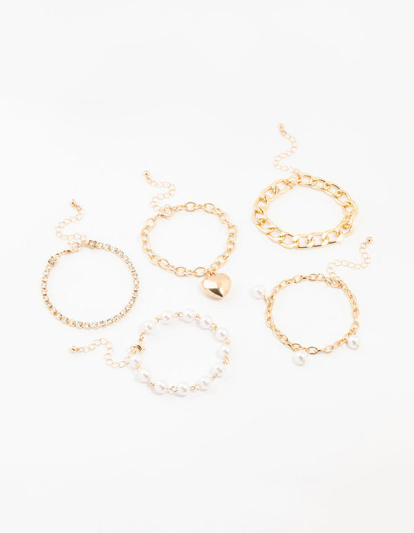 Gold Pearl & Puffy Heart Bracelets 5-Pack