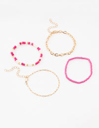 Pink Cable Link & Beaded Gold Bracelets 4-Pack - link has visual effect only