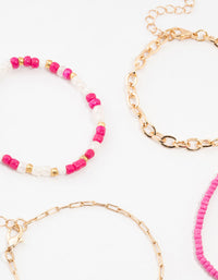 Pink Cable Link & Beaded Gold Bracelets 4-Pack - link has visual effect only