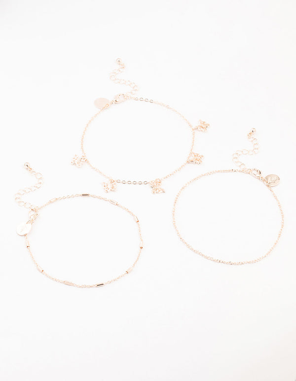 Rose Gold Tab Butterfly Anklets 3-Pack