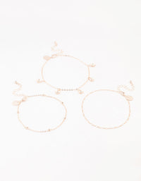 Rose Gold Figaro Diamante Flower Anklets 3-Pack - link has visual effect only