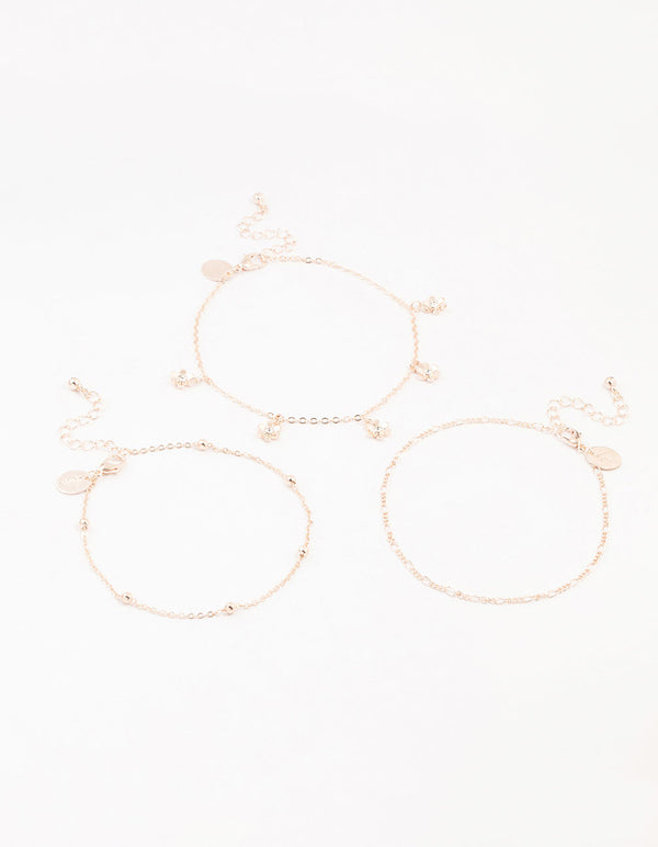 Rose Gold Figaro Diamante Flower Anklets 3-Pack