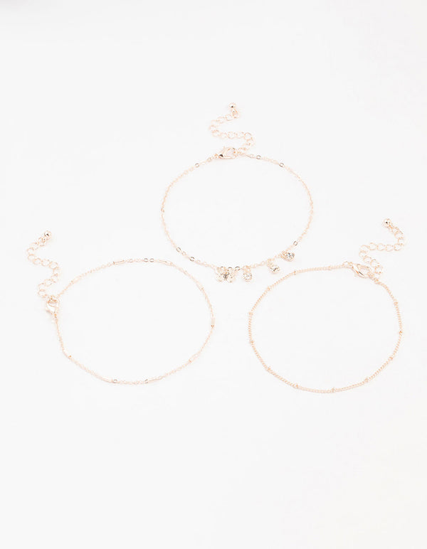 Rose Gold Butterfly Diamante Drop Anklets 3-Pack