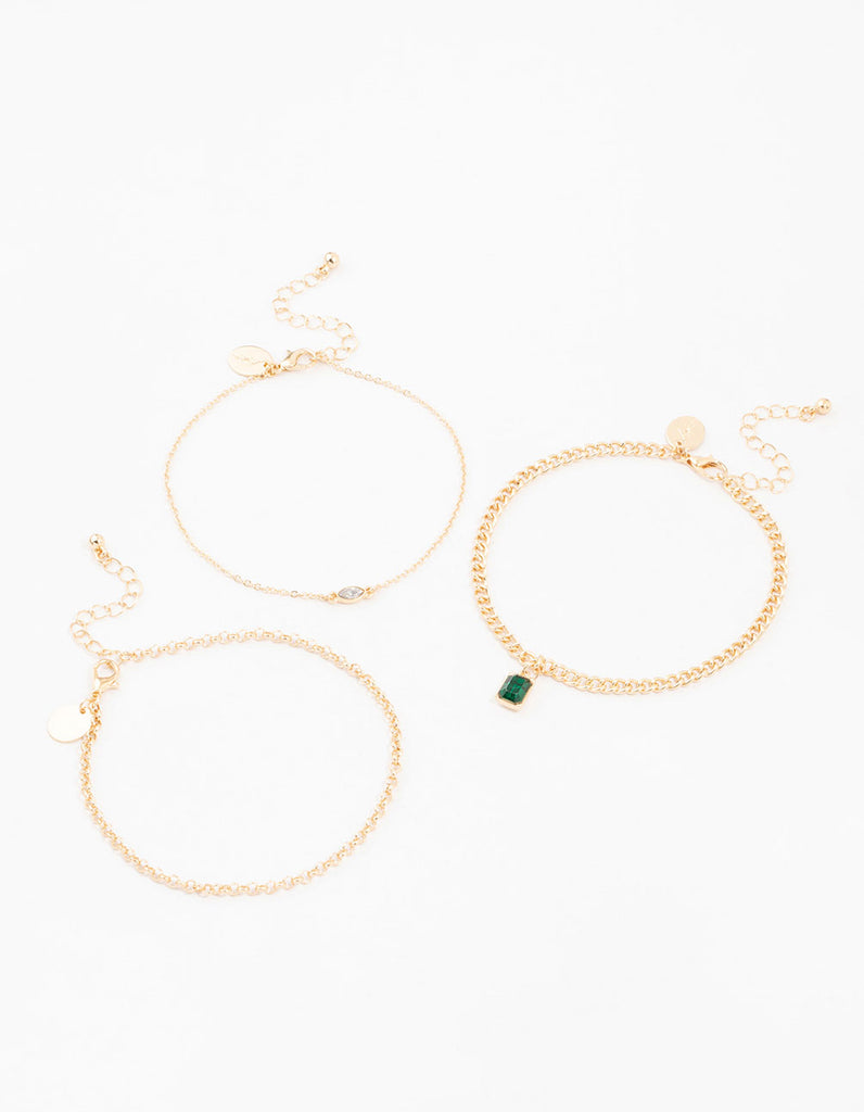 Gold Baguette Drop Anklets 3-Pack