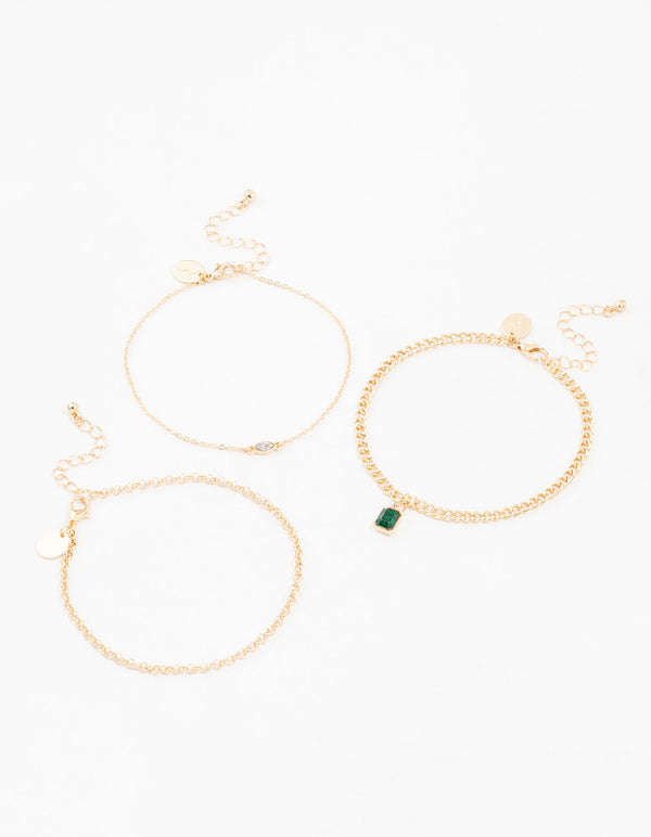 Gold Baguette Drop Anklets 3-Pack