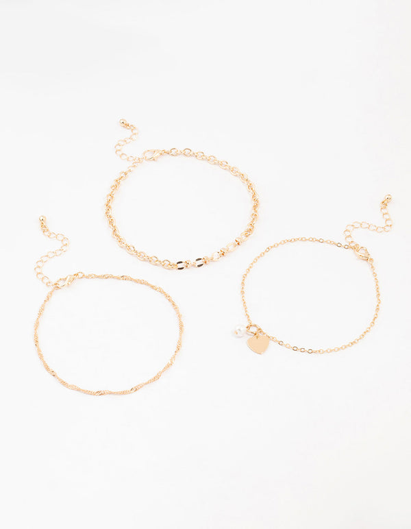 Gold Pearl Heart Drop Anklets 3-Pack