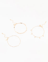 Gold Pearl Diamante Drop Anklets 3-Pack - link has visual effect only