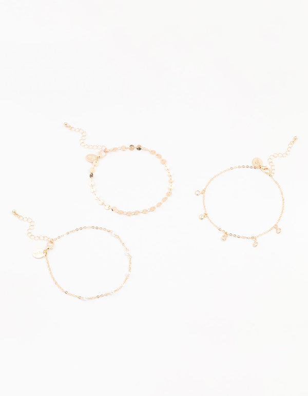 Gold Pearl Diamante Drop Anklets 3-Pack