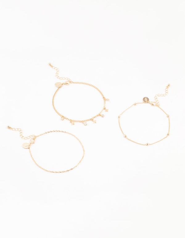 Gold Diamante Star Drop Anklets 3-Pack