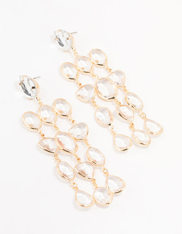 Gold Clear Crystal 3 Row Drop Earrings