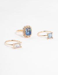 Rose Gold Framed Blue & Silver  Diamante Rings 3-Pack - link has visual effect only