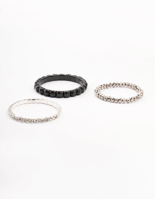 Black & Rhodium Plaited Stretch Bracelet 3- Pack