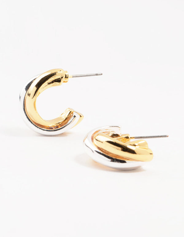 Mixed Metals Cross Hoop Stud Earrings