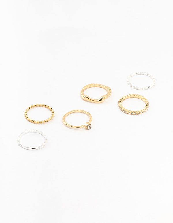 Mixed Metals Molten & Diamante Rings 6-Pack