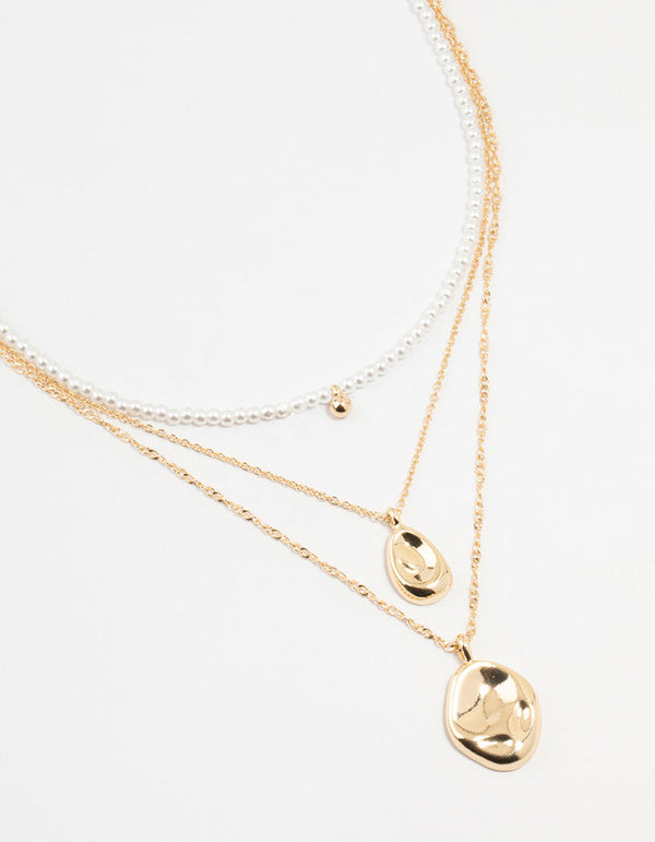 Gold Multiple Coin & Pearl 3 Layered Necklace