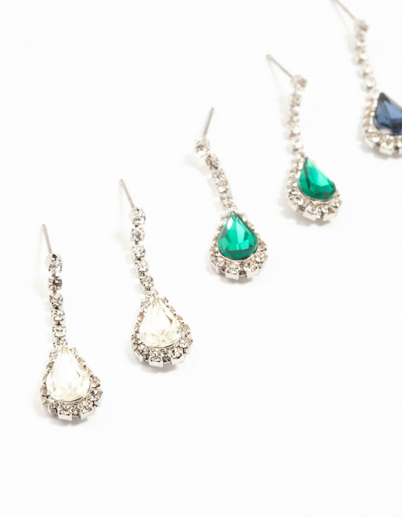 Silver Teardrop Diamante Drop Earrings 3-Pack