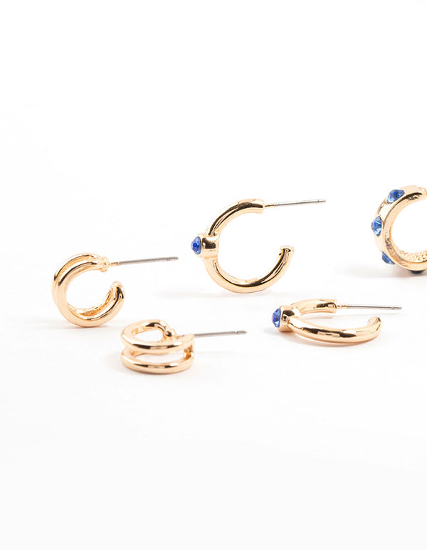 Gold Bezel Diamante Hoop Earrings 6-Pack