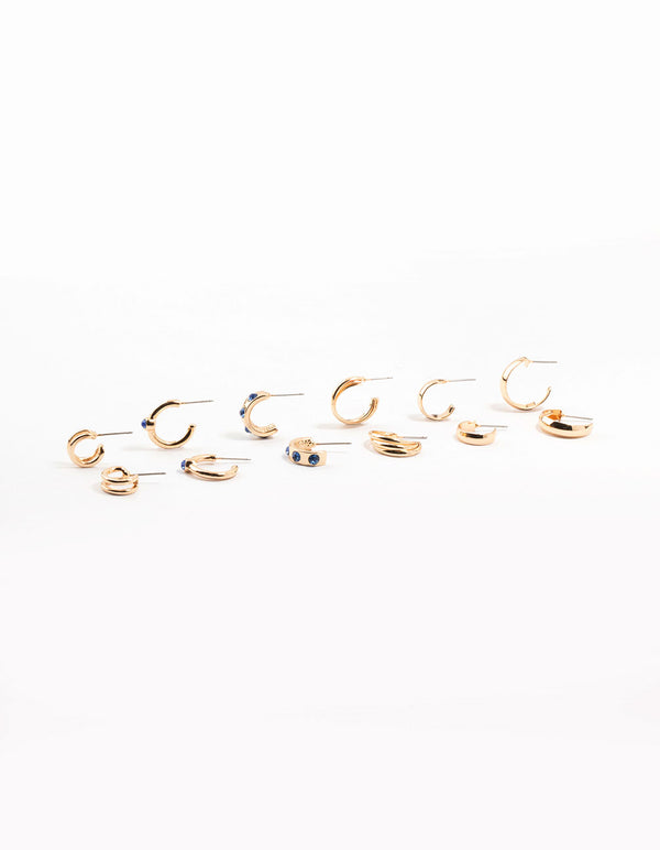 Gold Bezel Diamante Hoop Earrings 6-Pack