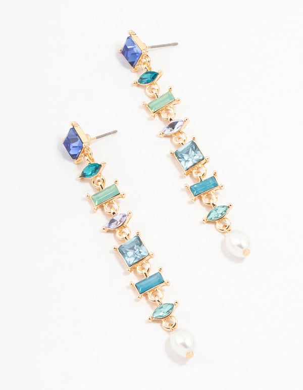 Gold & Blue Mixed Shape Square Drop Earrings