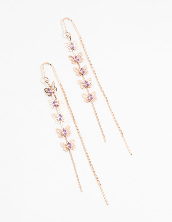 Rose Gold Butterfly Purple Cubic Zirconia Drop Earrings