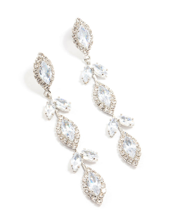 Rhodium Marquise Cubic Zirconia Leaf Drop Earrings