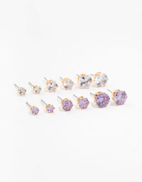 Gold Round Silver & Purple Cubic Zirconia Stud Earrings 6-Pack - link has visual effect only