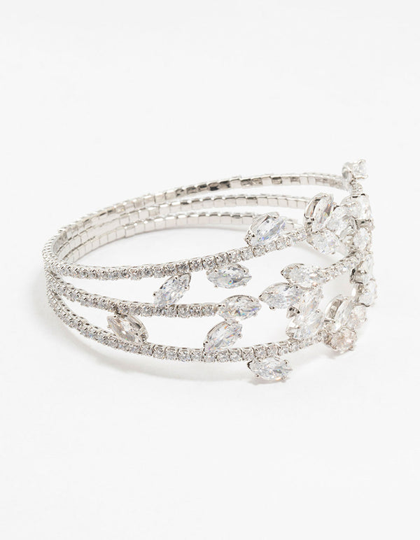 Rhodium Marquise Cubic Zirconia Floral Cuff Bracelet