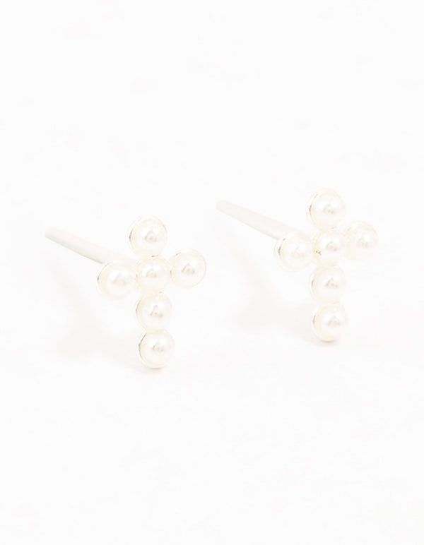 Sterling Silver Pearl Cross Stud Earrings