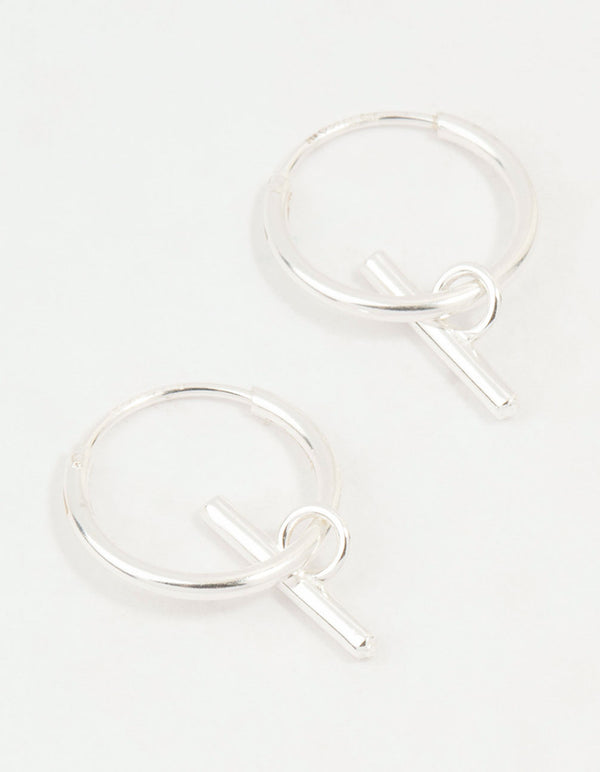 Sterling Silver Clean T Bar Drop Hoop Earrings