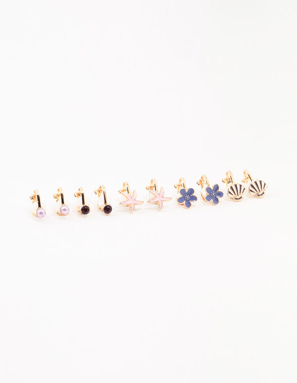 Kids Gold & Flower Sea Clip On Earrings