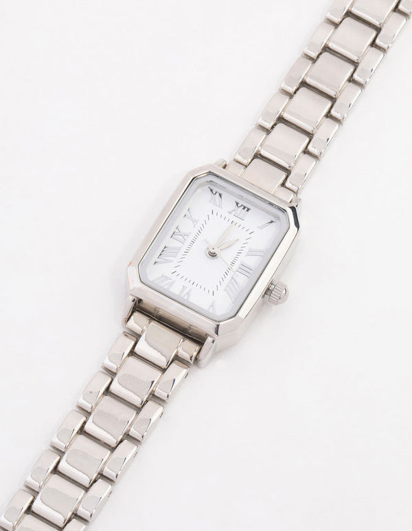 Rhodium Rectangle Roman Numeral Watch