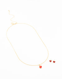 Red Enamel Heart Gold Necklace & Earrings Set - link has visual effect only