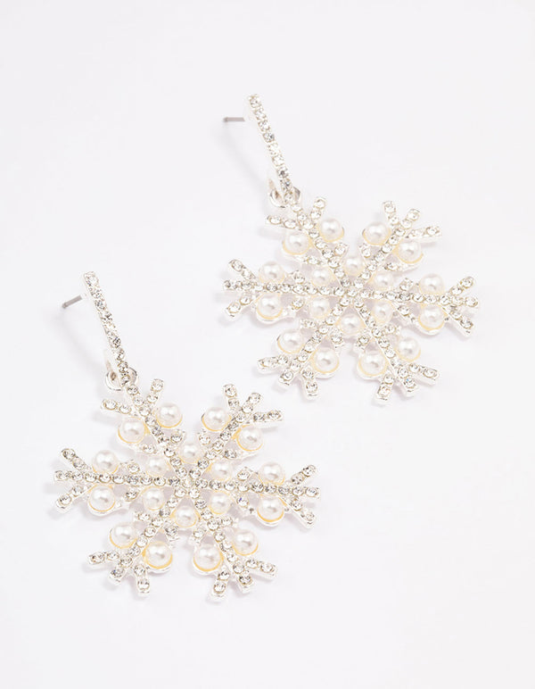 Silver Pearl & Diamante Snowflake Earrings