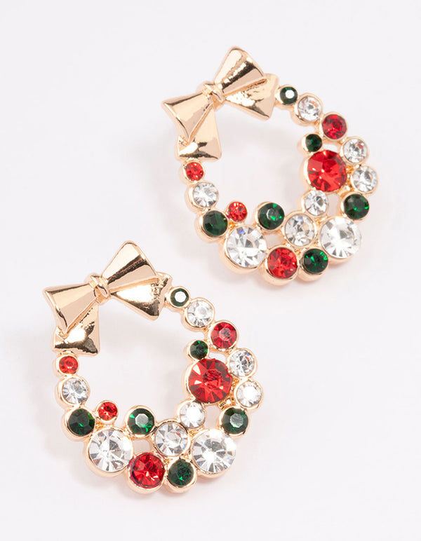 Red & Green Diamante Wreath Stud Earrings