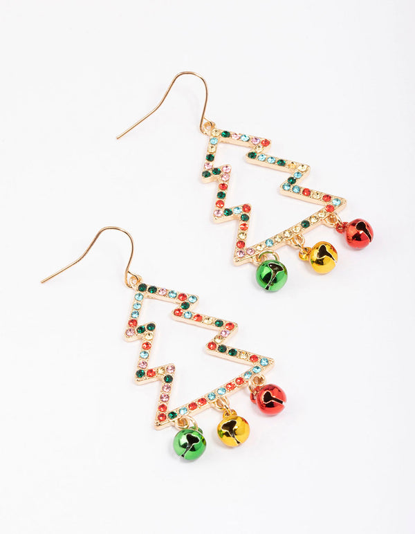 Multicoloured Diamante Tree & Bells Drop Earrings