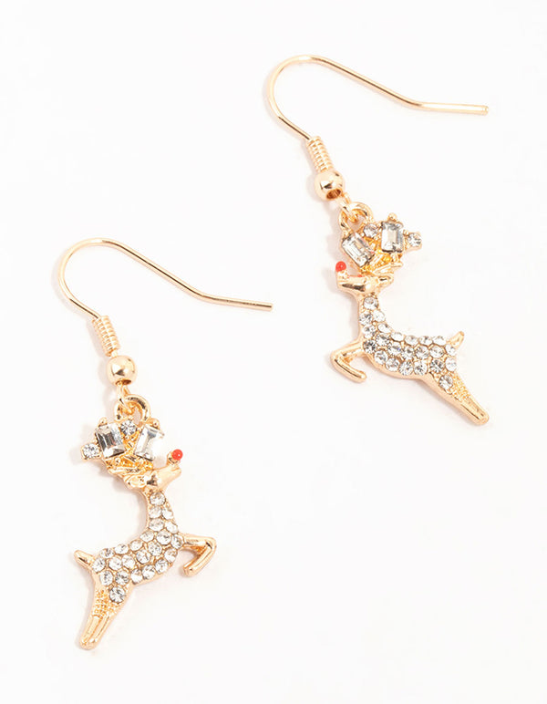 Gold Jumping Diamante Reindeer Earrings