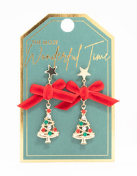 Red Velvet Bow & Diamante Bauble Gold Tree Drop Earrings - link has visual effect only