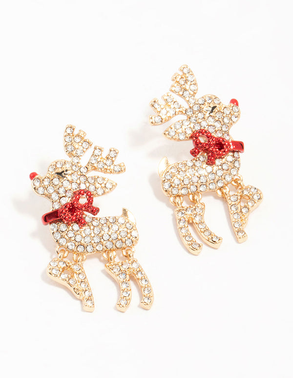 Gold Diamante Red Nosed Reindeer Earrings