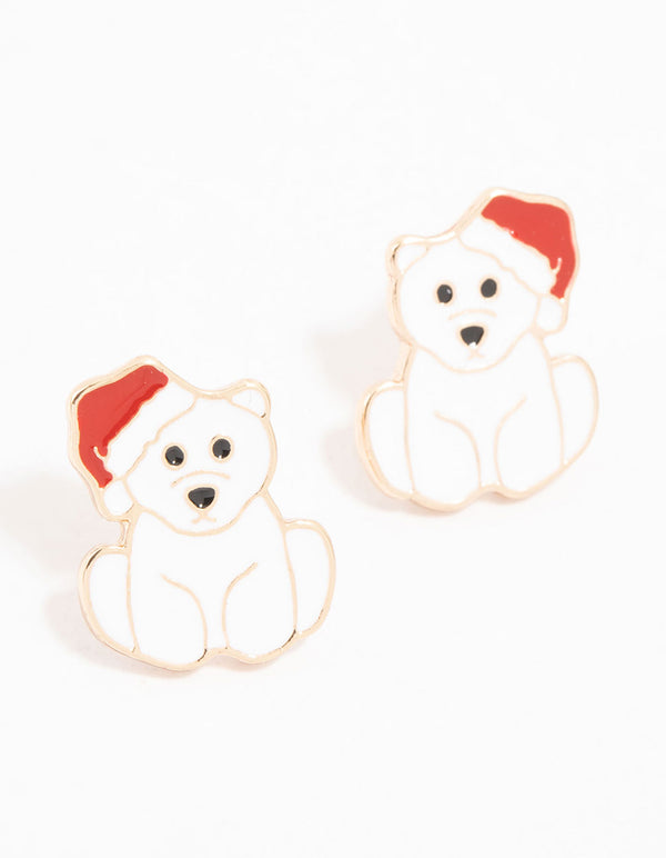 White Polar Bear Gold Stud Earrings