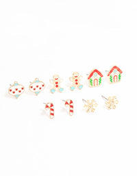 Gingerbread House & Candy Cane Stud Earrings 5-Pack - link has visual effect only