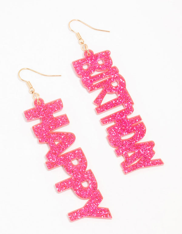 Pink Acrylic Happy Birthday Drop Earrings