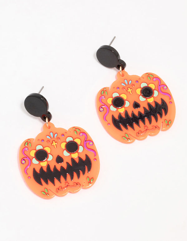 Orange Acrylic Jack-O-Lantern Drop Earrings