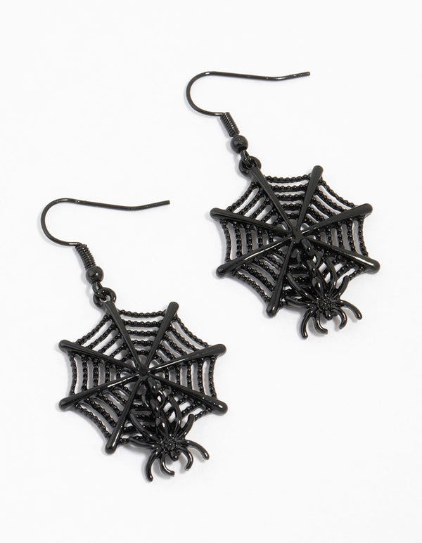 Black Coated Metal Spider Web & Spider Drop Earrings