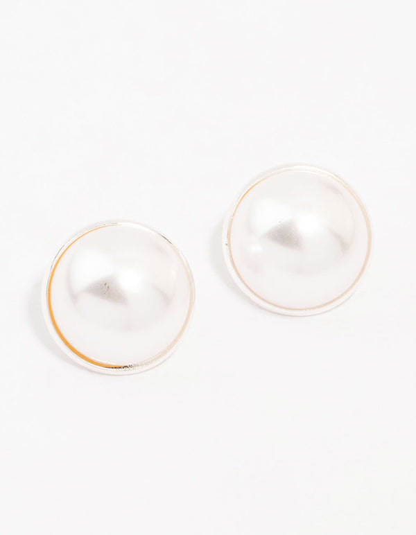 Silver Pearl Dome Encased Stud Earrings