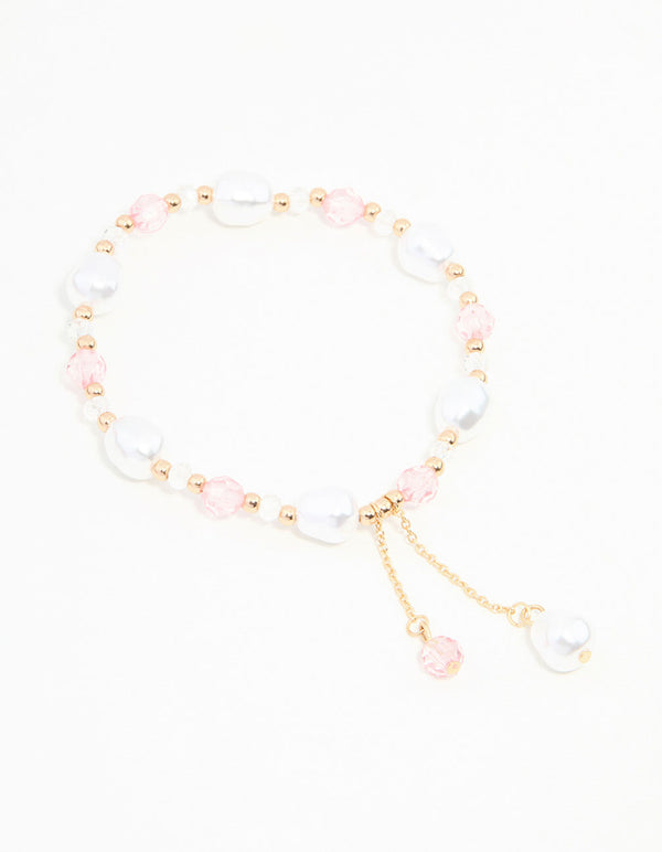 Pink & Gold Beads & Pearls Stretch Bracelet