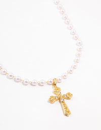 Gold Plated Pearl Baroque Cross Necklace - link has visual effect only